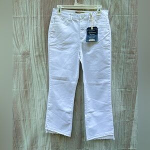 NEW Democracy Size 8 white kick flare fringe cropped Ab-leisure sky rise jeans